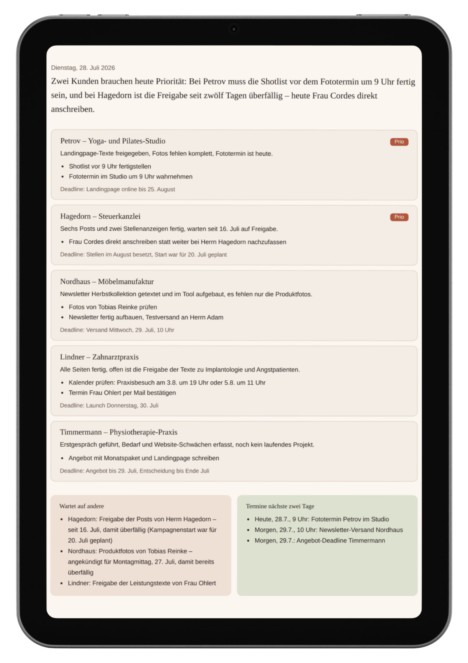 Die visuelle Tagesübersicht: alle Kunden auf einen Blick, im iPad-Mockup